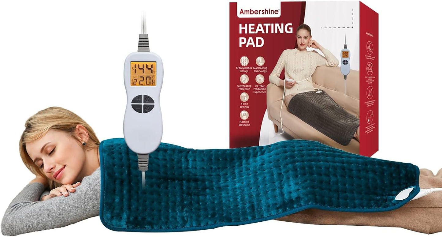Ambershine 19''x24'' Weighted Neck & Shoulder Heating Pad, 2.5lbs with 12 Temperature Settings& 4 Auto-Off Timers, Pain Relief for Neck/Shoulder/Back(Gray&Blue)