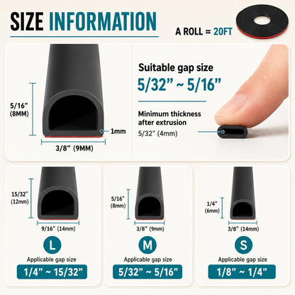 20FT Weather Stripping Door Seal, Self-Adhesive Silicone D-Shaped Seal Strip for Door Frame & Window Gaps, Soundproof Insulation Gap Filler