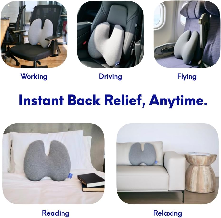 C CUSHION LAB Extra Dense Lumbar Pillow - Patented Ergonomic Multi-Region Firm Back Support for Lower Back Pain Relief - Lumbar Support Cushion with Strap for Office Chair, Car, Sofa, Plane - Grey