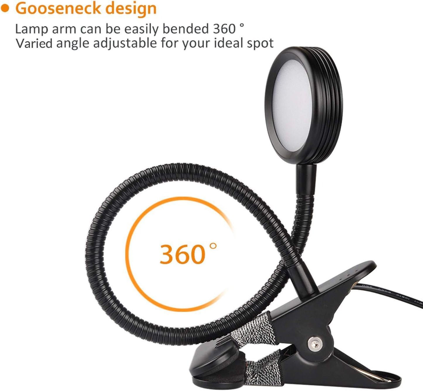 LEPOWER Clip on Light, Book Reading Lamp for Desk, Bed Headboard and Dorm | Adjustable Gooseneck, Color & Brightness Changeable, Adapter Included, LED Table Lamp for Computer, Bedside, Metal, White
