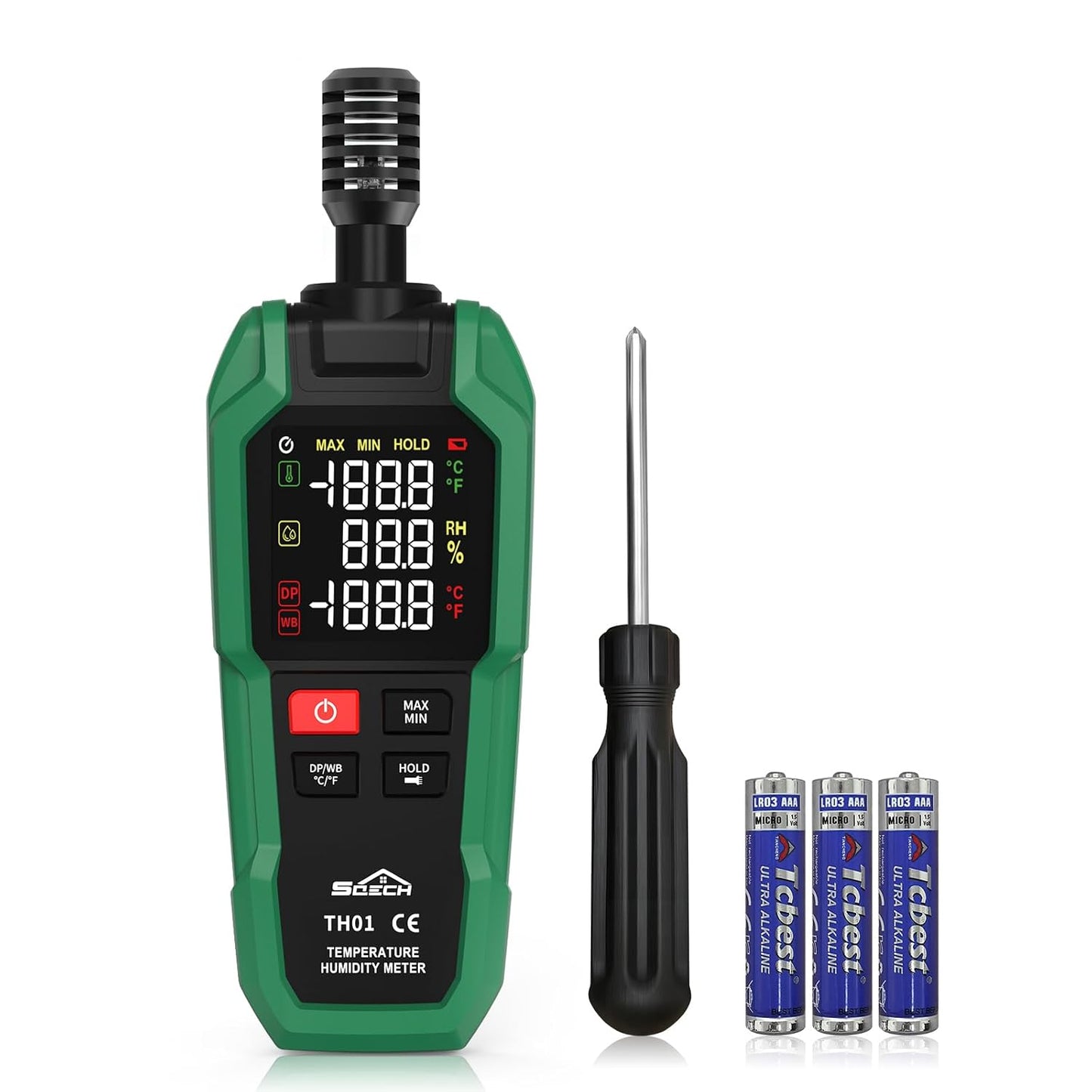 SQECH Temperature Humidity Meter Digital Hygrometer Psychrometer HVAC | Hydrometer Monitor with Ambient Thermometer, Dew Point, Wet Bulb, Flashlight, Max/Min, Data Hold, Color Backlight