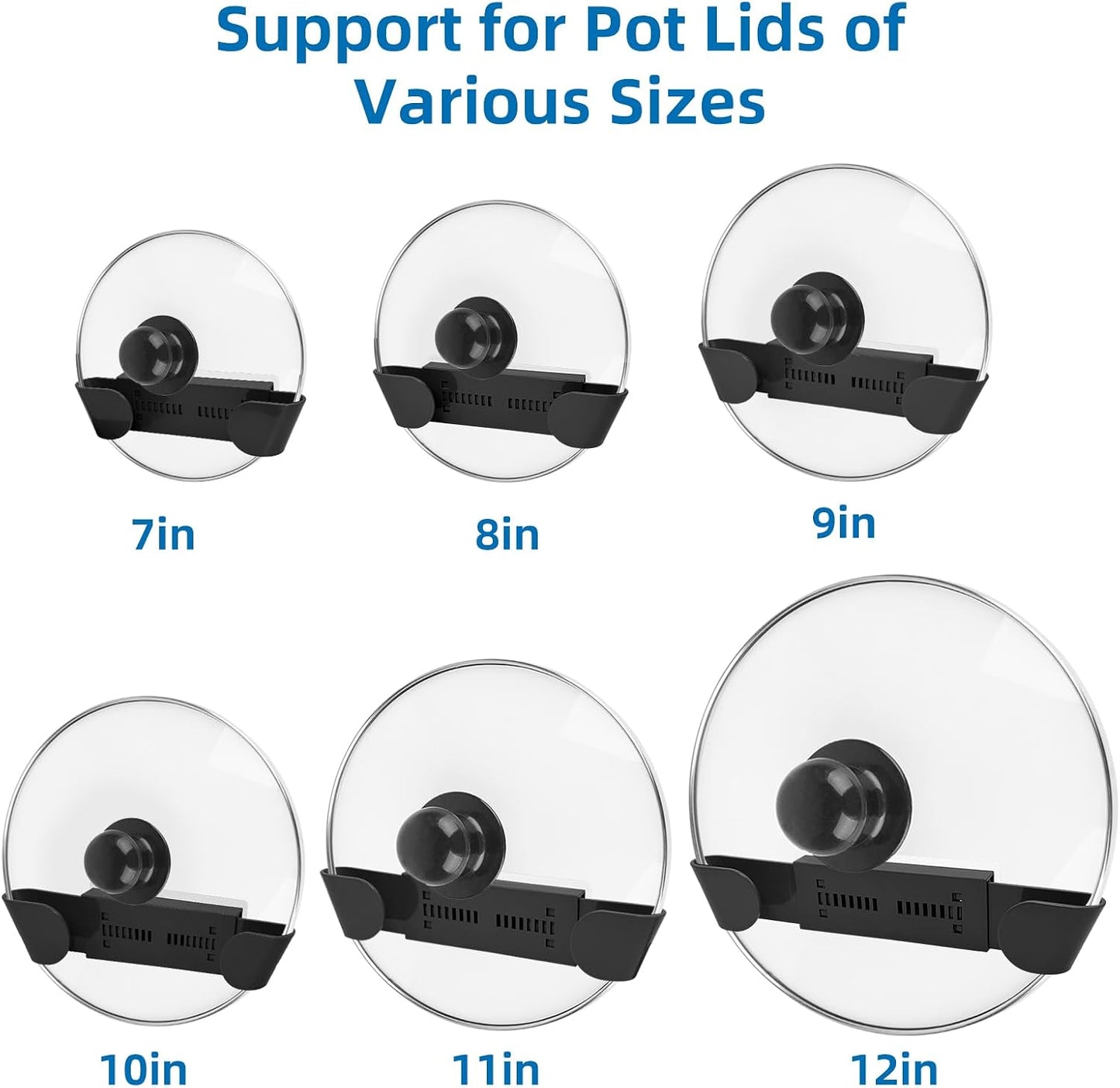 Adjustable Pot Lid Holder for 6" to 14" Lids, White 4 Pack | Pan Lids Organizers, No Drilling Required & Detachable, Sticky Wall Mounted Lid Storage for Kitchen Wall, Cabinets & Door
