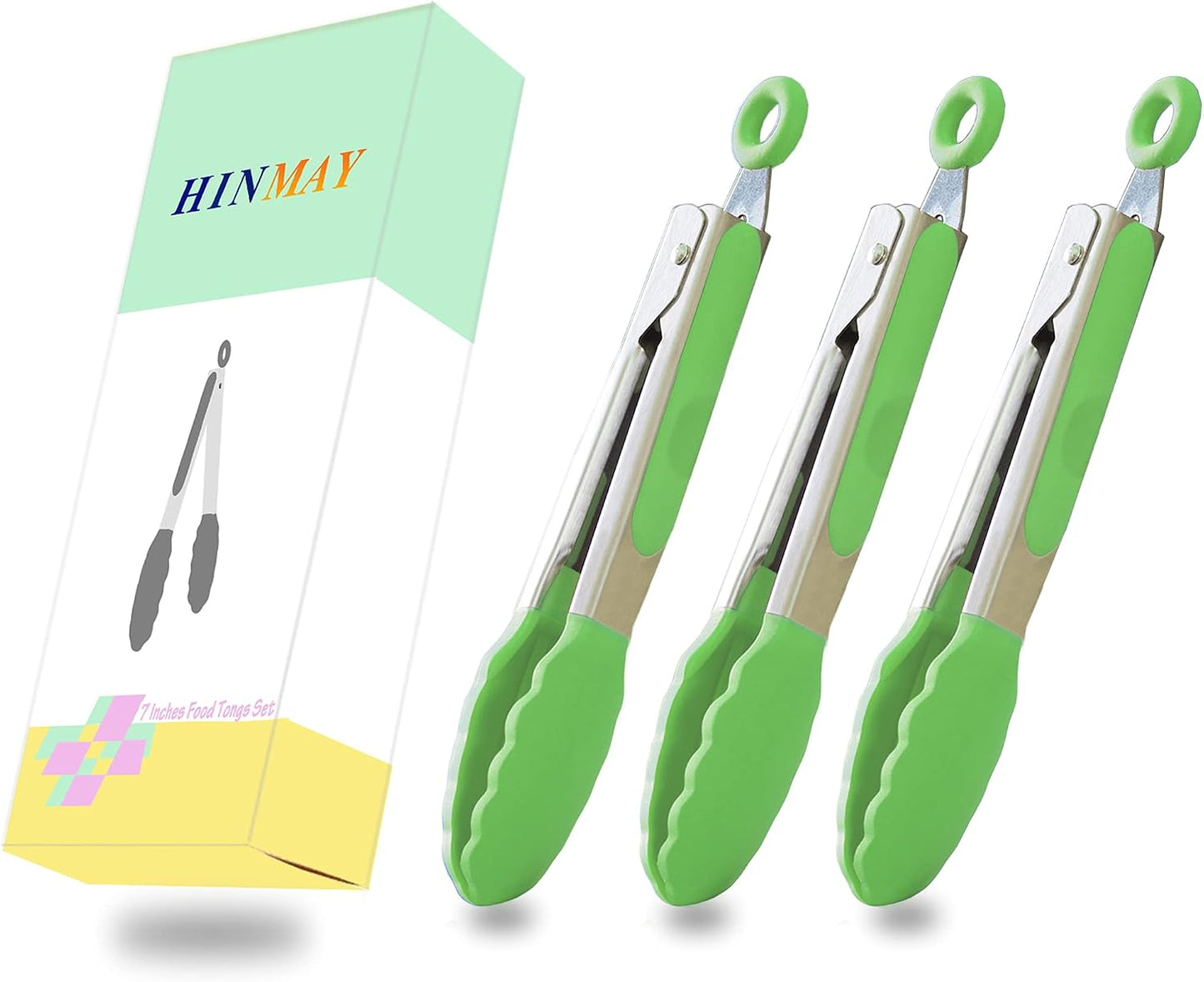 HINMAY Mini Tongs with Silicone Tips 7-Inch Serving Tongs, Set of 3 (Red Blue Green)
