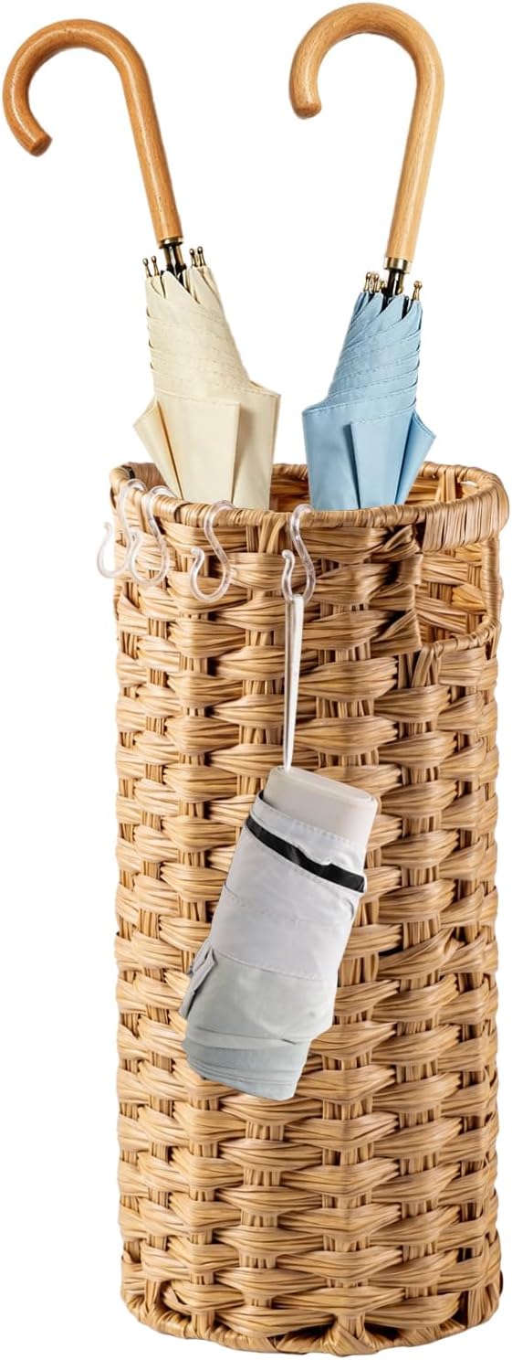 Rattan Umbrella Stand for Entryway,Hand-Woven Umbrella Holder Indoor with Doormat, Removable Drip Tray & 4 Hooks,Waterproof Umbrella Storage Basket