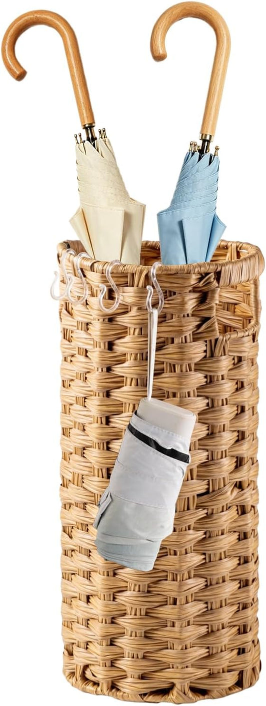 Rattan Umbrella Stand for Entryway,Hand-Woven Umbrella Holder Indoor with Doormat, Removable Drip Tray & 4 Hooks,Waterproof Umbrella Storage Basket