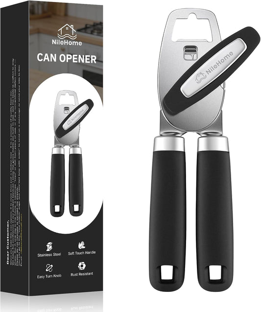NileHome Smooth Edge Manual Can Opener, Sharp Steel Wheel Senior Friendly | Easy Turn Knob, Soft Grip Cushioned Handles, Heavy Duty, Commercial & Household Use, Manual Design