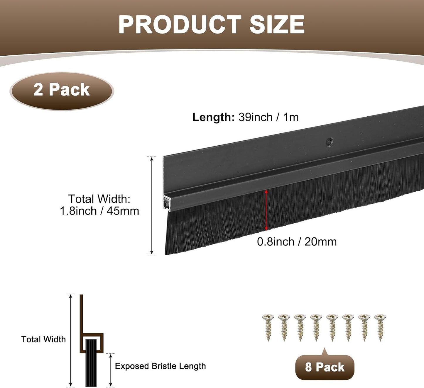 M METERXITY 2Pack Door Sweep - 39" Door Bottom Brush Heavy Duty Seal Draft Stopper Aluminum Base with 20mm Brush, Adhesive/Screw Installation for Interior/Exterior/Garage/Sliding Doors, Black