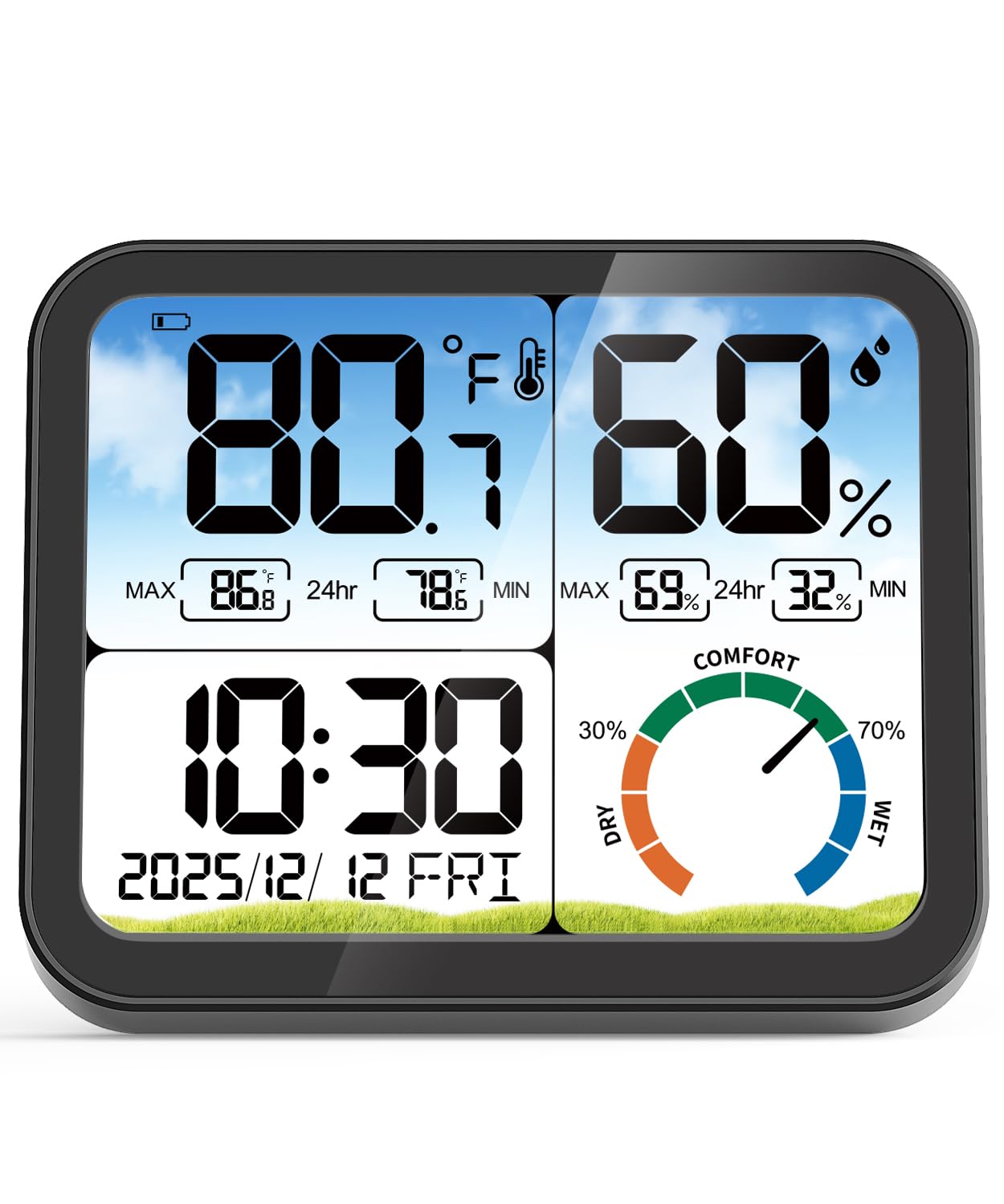 5.8'' Digital Indoor Thermometer Hygrometer, Temp Humidity Monitor & Clock | USB-C & Battery Powered, Large Backlit Display, Calibratable Readings, Max & Min Records, Comfort Level, Date & Time Display