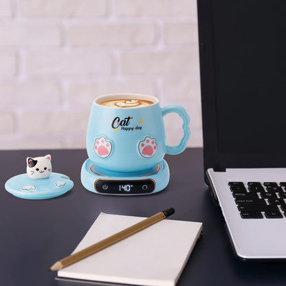 Bgbg Coffee Mug Warmer & Cute Cat Mug Set, Beverage Cup Warmer for Desk Home Office with Three Temperature Up to 140℉/ 60℃, Coffee Warmer for Cocoa Milk Tea Water Candle, 8 Hours Auto Shut Off