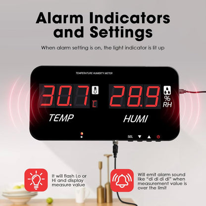 Indoor Thermometer Hygrometer Large LCD Display with 5M External Sensor | Digital Wall Temperature Humidity Meter with 18 Inch Screen Monitor, High/Low Alarm for Warehouse Greenhouse Home Office Lab