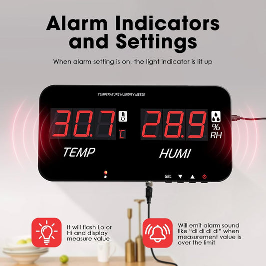 Indoor Thermometer Hygrometer Large LCD Display with 5M External Sensor | Digital Wall Temperature Humidity Meter with 18 Inch Screen Monitor, High/Low Alarm for Warehouse Greenhouse Home Office Lab