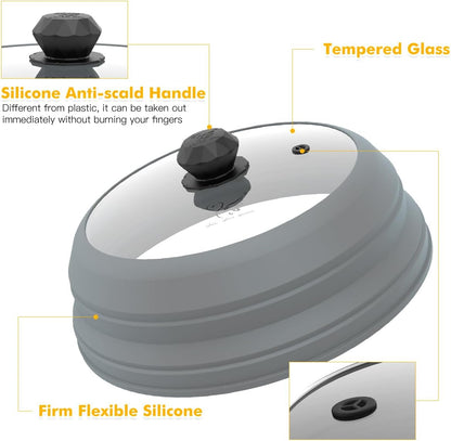 Microwave Splatter Cover Vented Glass Cover Splatter Guard Lid with Collapsible Silicone for Food as Pot Cover Plate Cover 10.8 inch for 6 7 8 9 10 inch Plate Bowl Light Grey