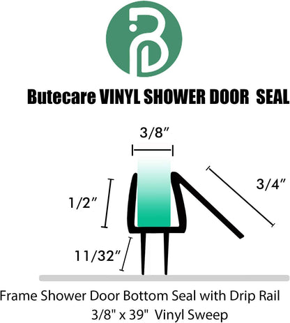 Butecare Premium Frameless Shower Door Bottom Seal Strip for Glass Doors - Shower Door Seal Sweep (1/4”x 39”, Clear Vinyl)