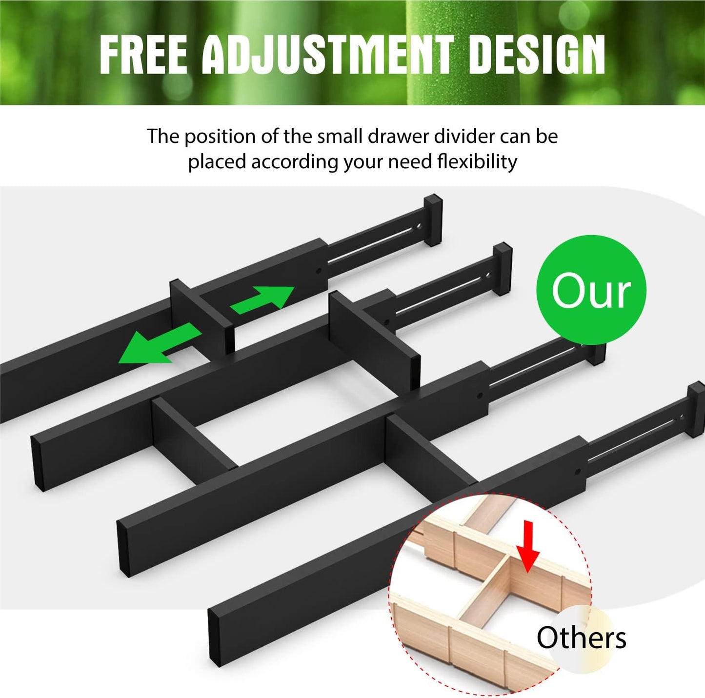 Bamboo Drawer Dividers, Expandable Drawer Separators Splitter, 17-22 inches Adjustable Spring-loaded Organizer for Large Utensil, Clothes, Tools Drawers, 6 Pack Dividers + 4 Pack Baffle