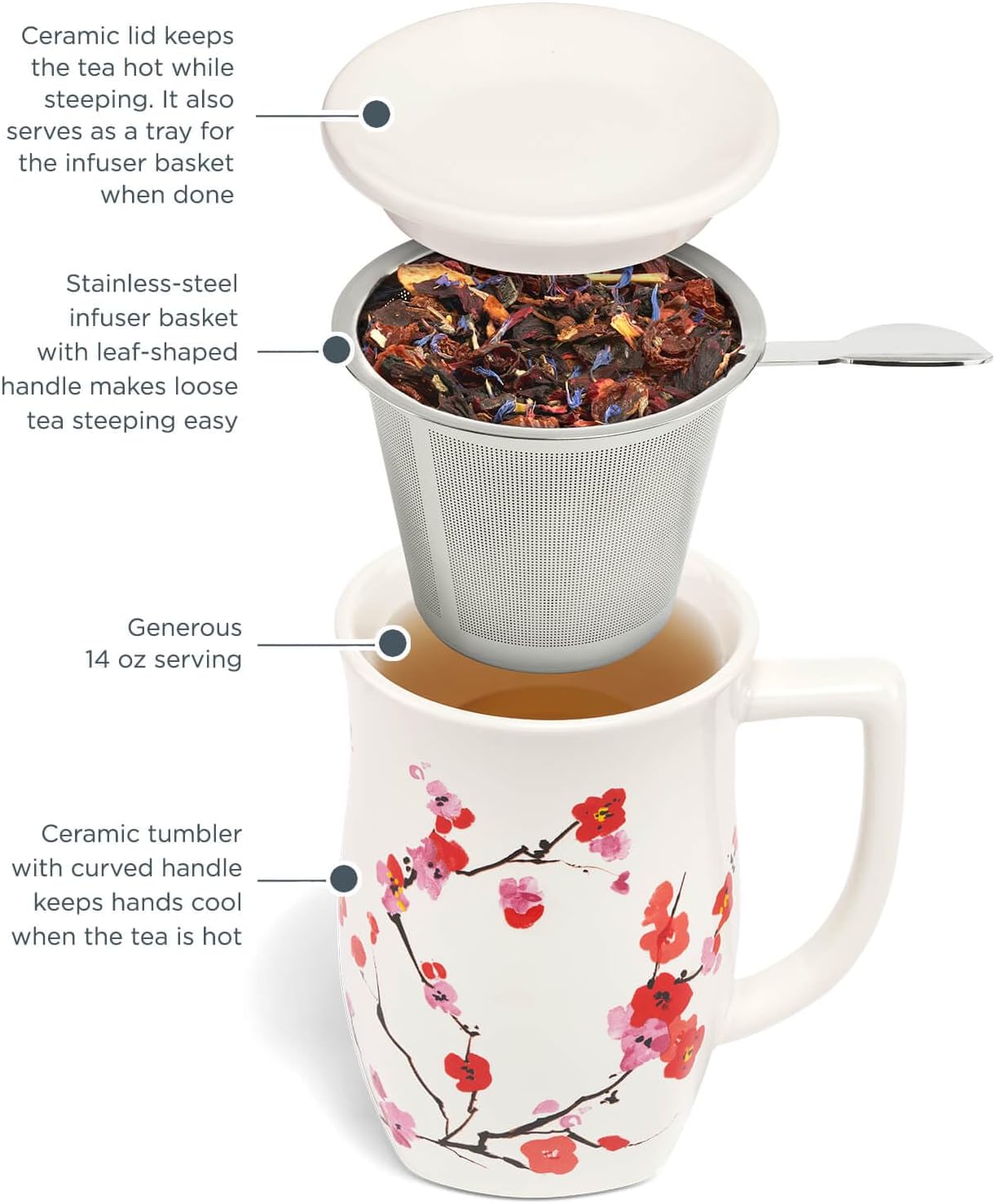 Tea Forte Ceramic Fiore Tea Cup with Infuser, Blue Agave, 14 oz | Insulated Ceramic - Stainless Steel Loose Leaf Infuser - Keeps Tea Hot Longer - Lid Included - Microwave & Dishwasher Safe