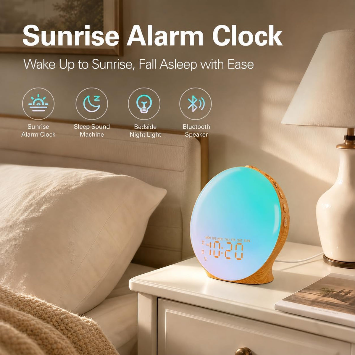 JALL Full Screen Dimmer Sunrise Alarm Clocks for Bedrooms, Wake Up Light with FM Radio, 25 White Noise Sleep Sounds, Bluetooth Speaker, Dual Alarms Bedside Clock for Heavy Sleepers