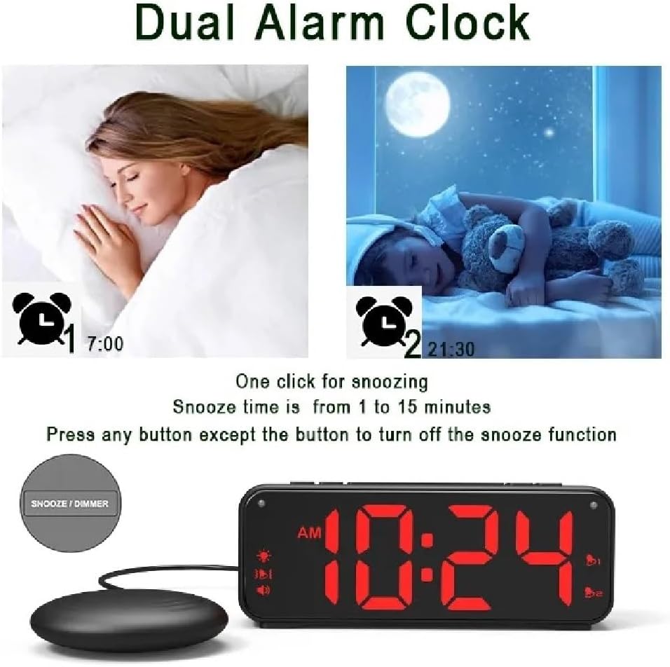 MOZAC Bomb Dual Extra Loud Alarm Clock with Bed Shaker, Black Heavy Sleepers, Battery Backup | Wake with a Shake