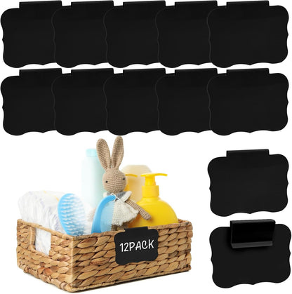 12pcs White Basket Labels Removable PVC Labels | Clip On for Storage Bins, Removable PVC Labels for Baskets with Holders, 3.5x2.7 Inches