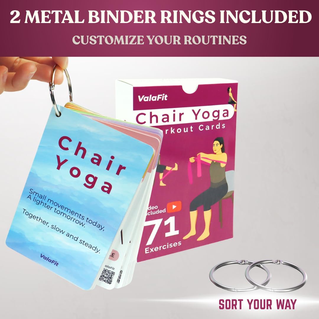 [All-in-One Kit] Chair Yoga for Seniors Over 60 | Cards + Bands + QR Videos | 71 Large Print Durable Cards • 6 Guided Flows • Build Mobility, Balance, Strength & Cardio • Gift for Parents & Grandparents
