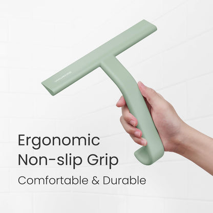 JustHang Shower Squeegee with Built-in Hook, 10-Inch Black | Award-Winning Design, All-One-Piece Soft-Touch Silicone, for Glass Door, Bathroom, Window, Mirror, Tile Wall, Car
