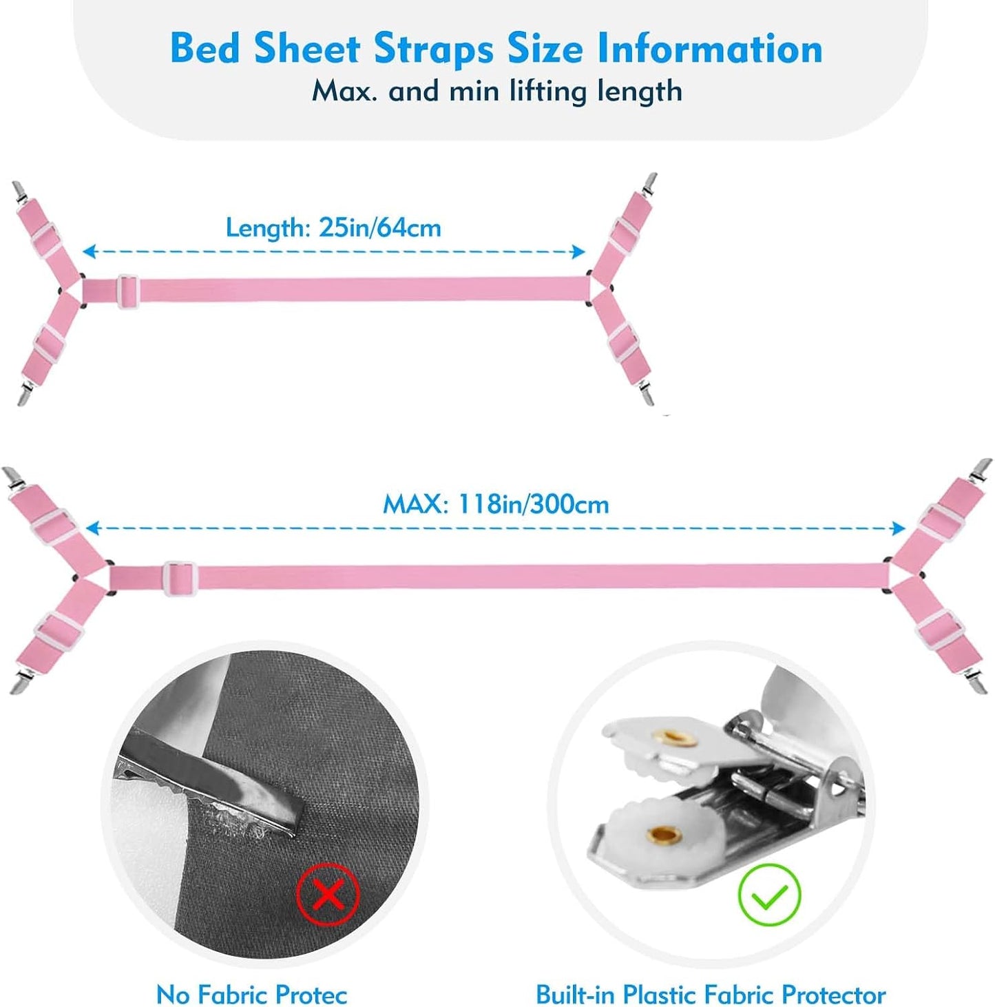 Bed Sheet Straps, 2Pcs Elastic Adjustable Bed Sheet Holder Straps, Fitted Sheet Straps to Hold Sheets in Place with Metal Clips, Sheet Holders for Mattress Cover, Sheet, Sofa Cushion (Black)