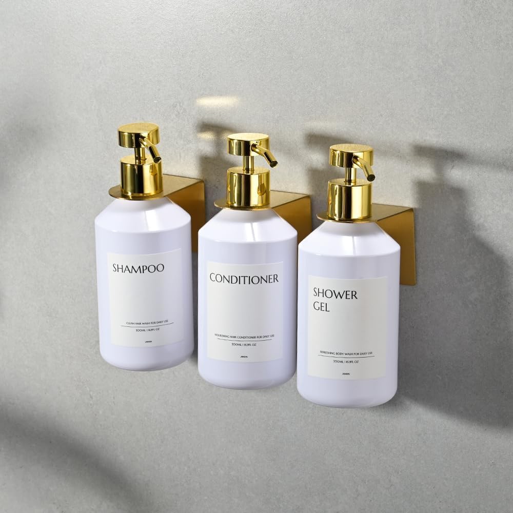 Shampoo and Conditioner Dispenser Set of 3 for Wall Mount | 16.9 fl oz Drill Free Shower Soap Bottles,Refillable Body Wash Dispensers for Bathroom Decor (Amber Bottles + Bamboo Pumps)