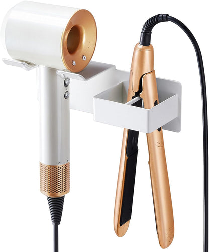 Hair Dryer Holder Wall Mounted, Hair Straightener Holder Metal, Adhesive Blow Dryer and Hair Straightener Holder, Bathroom Bedroom Hair Tool Organizer for Flat Iron,Curling Iron,Hairdryer (White)