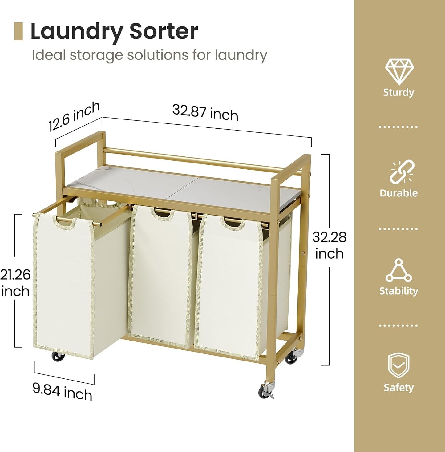 SwaaVee Laundry Sorter, Laundry Hamper 3 Section, 3×11.4Gal, Metal Frame Rolling Laundry Basket with Wooden Top Shelf, Pull out and Removable Laundry Bags, 3 Bags-Black