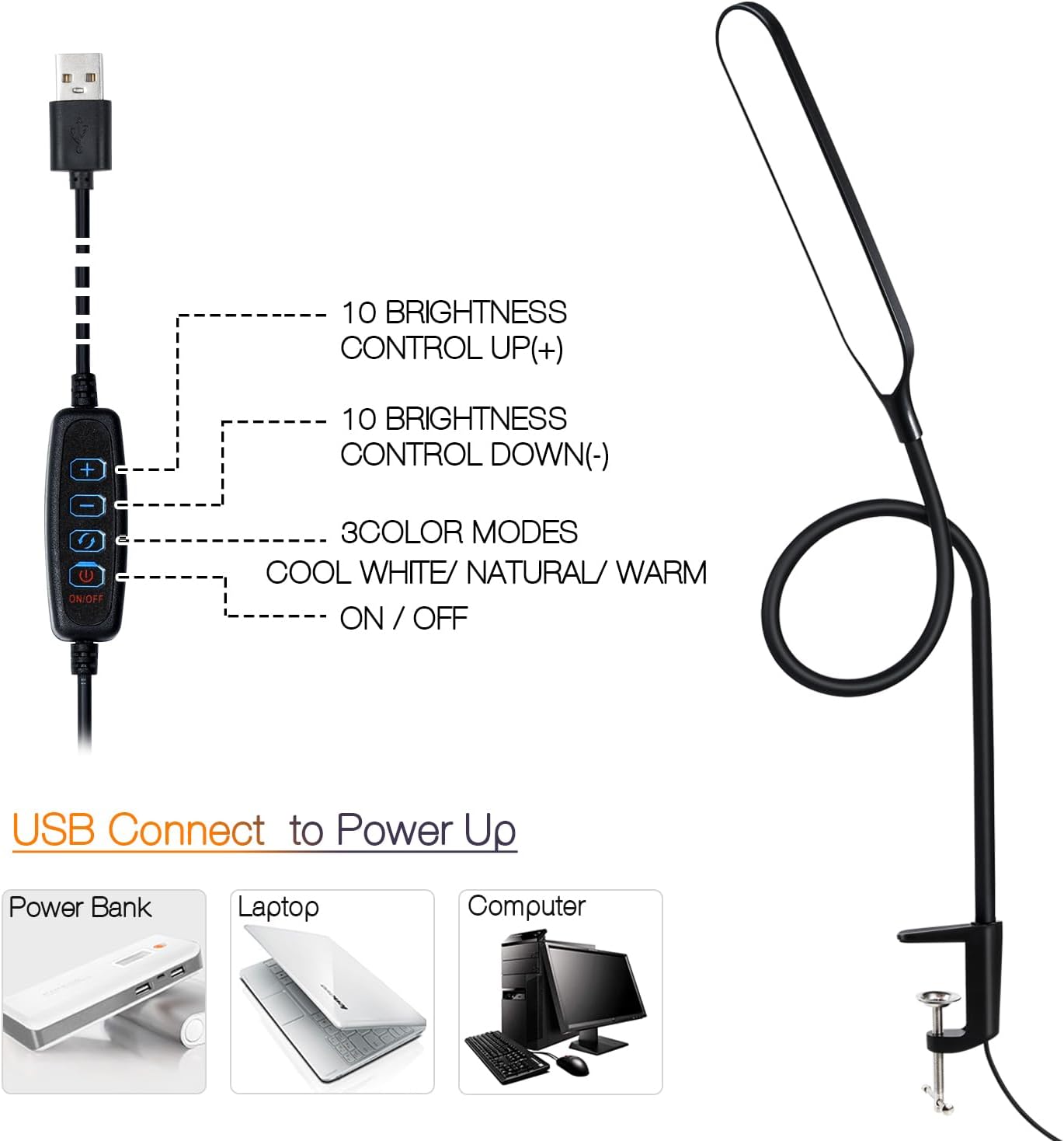 18W 3000LM LED Clamp Desk Lamp | CRI 95 Eye-Caring Light with Remote & Touch Control, 360 Flexible Gooseneck, 3 Color Modes for Home Office(Adapter Included)