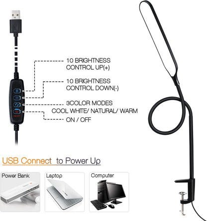 18W 3000LM LED Clamp Desk Lamp | CRI 95 Eye-Caring Light with Remote & Touch Control, 360 Flexible Gooseneck, 3 Color Modes for Home Office(Adapter Included)