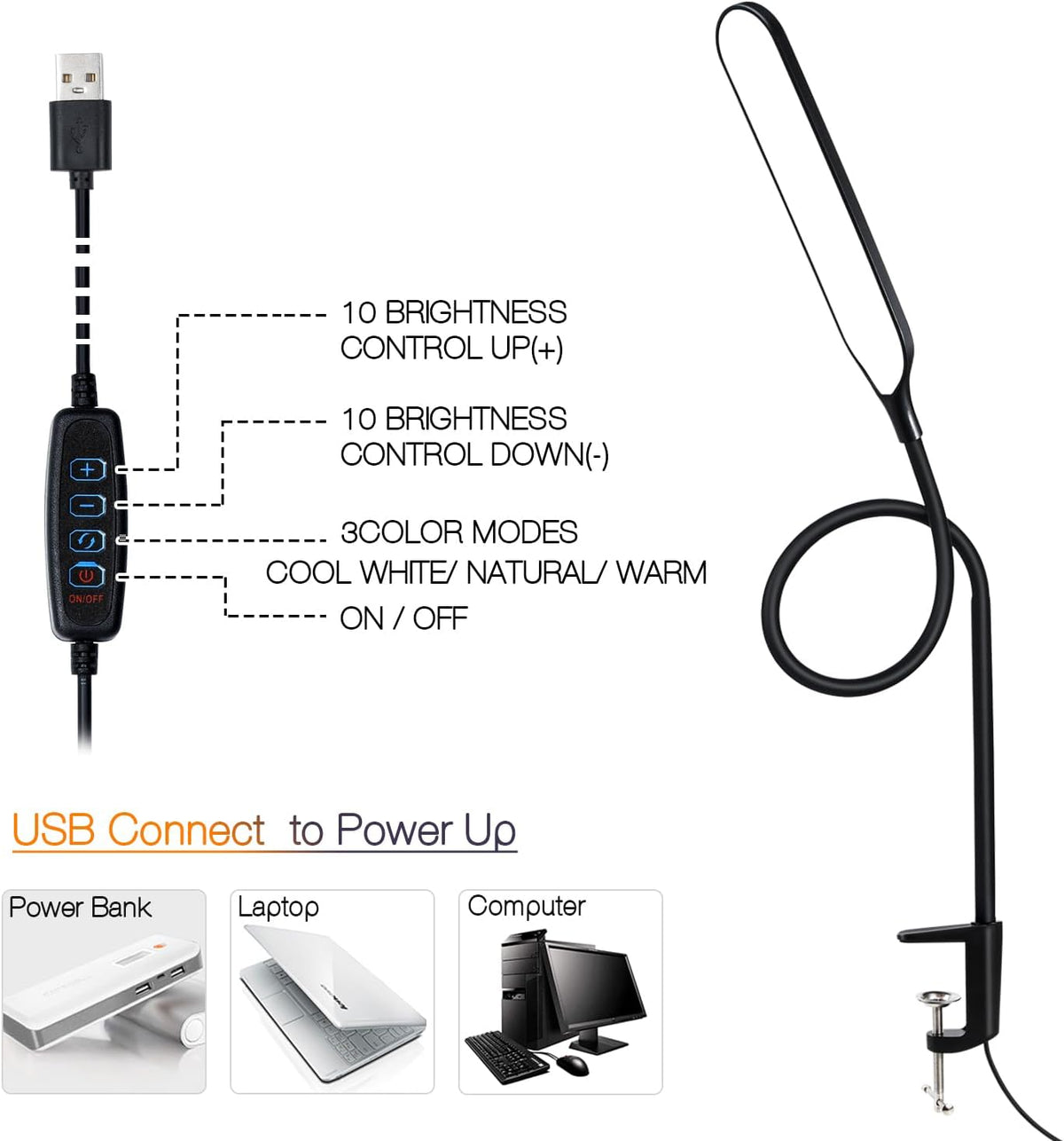 18W 3000LM LED Clamp Desk Lamp, Dimmable