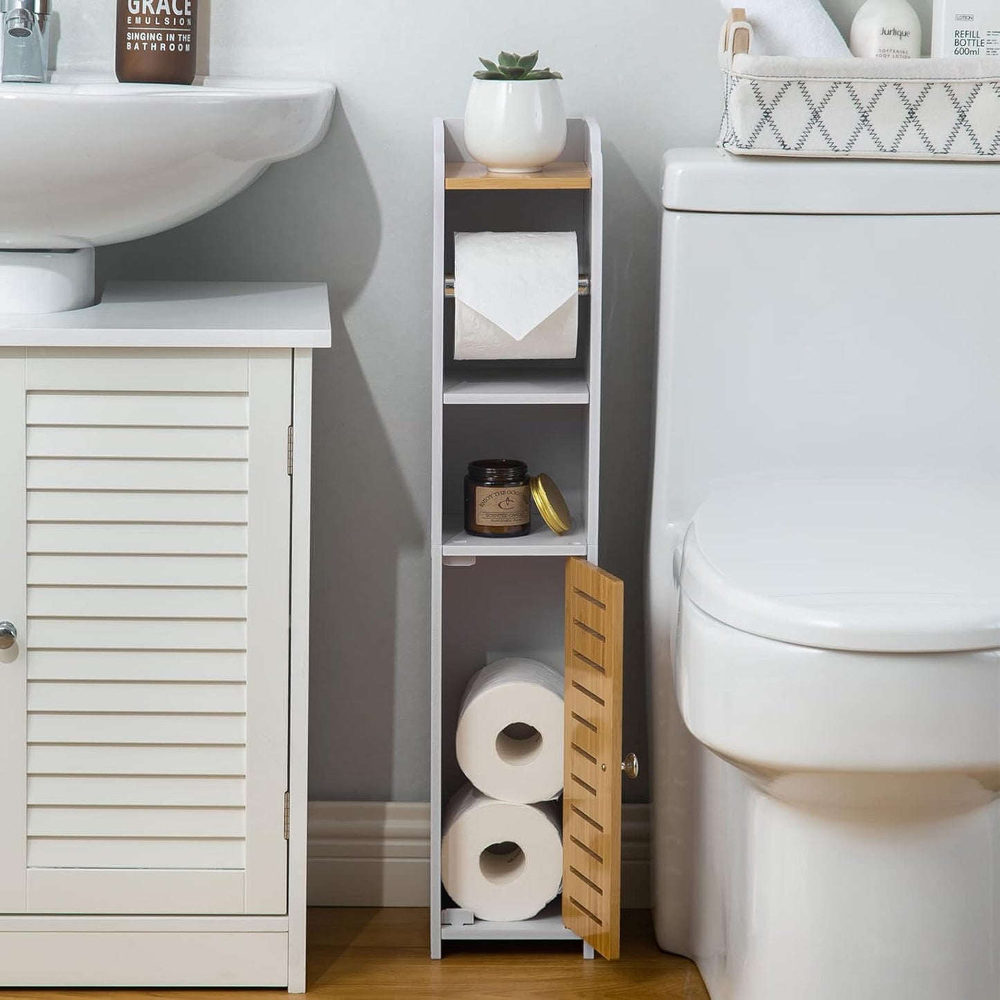AOJEZOR Toilet Paper Holder Stand: Small Space Bathroom Storage for Renters