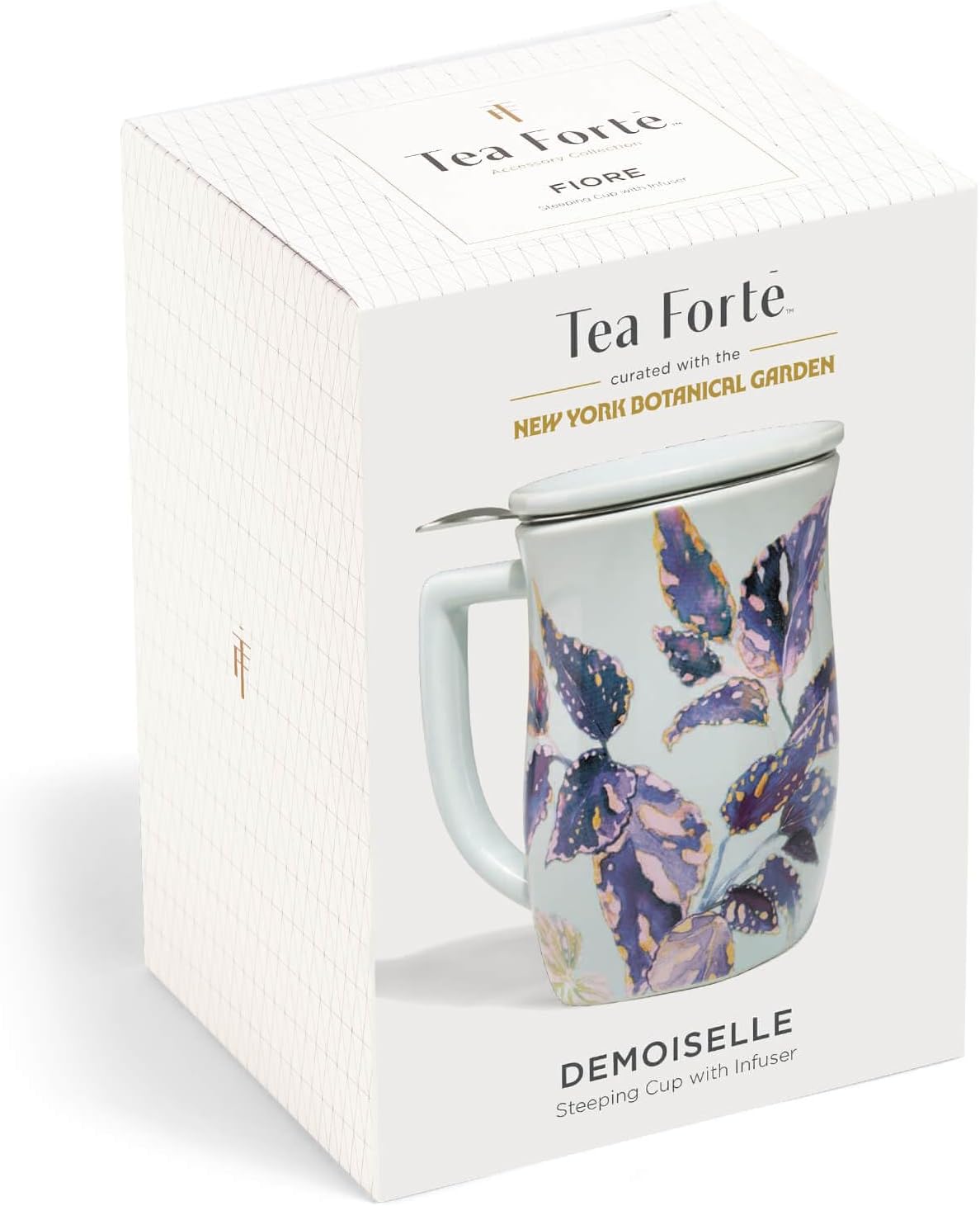 Tea Forte Ceramic Fiore Tea Cup with Infuser, Blue Agave, 14 oz | Insulated Ceramic - Stainless Steel Loose Leaf Infuser - Keeps Tea Hot Longer - Lid Included - Microwave & Dishwasher Safe