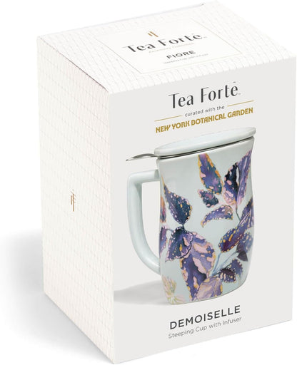 Tea Forte Ceramic Fiore Tea Cup with Infuser, Blue Agave, 14 oz | Insulated Ceramic - Stainless Steel Loose Leaf Infuser - Keeps Tea Hot Longer - Lid Included - Microwave & Dishwasher Safe