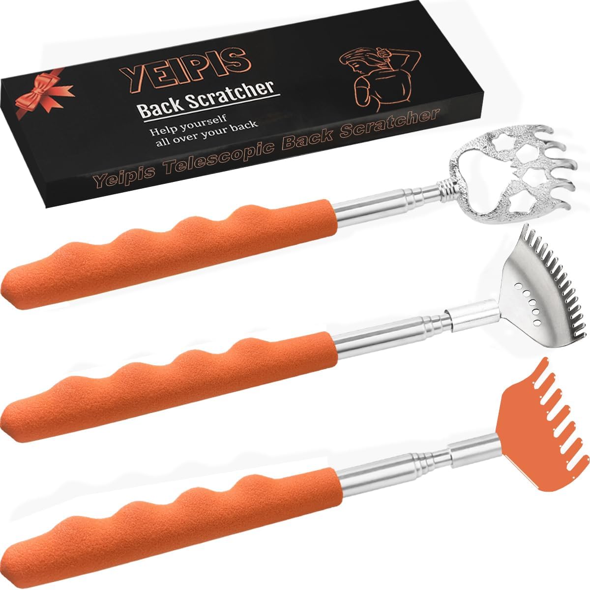 Yeipis 3 Pack Different Back Scratcher Metal Portable Telescoping with Rubber Handles, Extendable Back Massager Tool with Beautiful Box, Stocking Stuffers for Men Women Christmas Presents(Black)