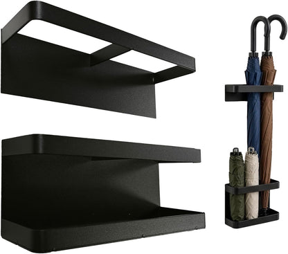 Metal Wall Mounted Umbrella Storage, Umbrella Holder for Entryway, Space Saving Wall Umbrella Rack with Built In Water Tray, Black Metal Umbrella Organizer for Home Office Foyer