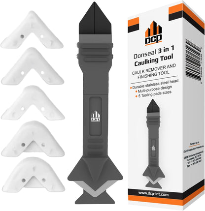 DCP Donseal 3 in 1 Caulking Tool Kit – Silicone Caulking Tool for Removal, Scraping & Finishing – Precise Caulk Remover & Applicator with 5 Tooling Pads – Stainless Steel Caulk Scraper for Smooth Seal