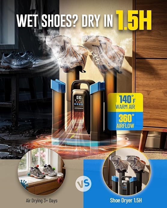 4-Head Boot Dryer with Ozone Deodorizer, 1.5H Fast Drying for 2 Pairs | 140°F Warm Air, 0-180 Min Timer, Quiet Operation, Retractable Tubes for Shoes, Work Boots, Sneakers, Cleats & Adult Gloves
