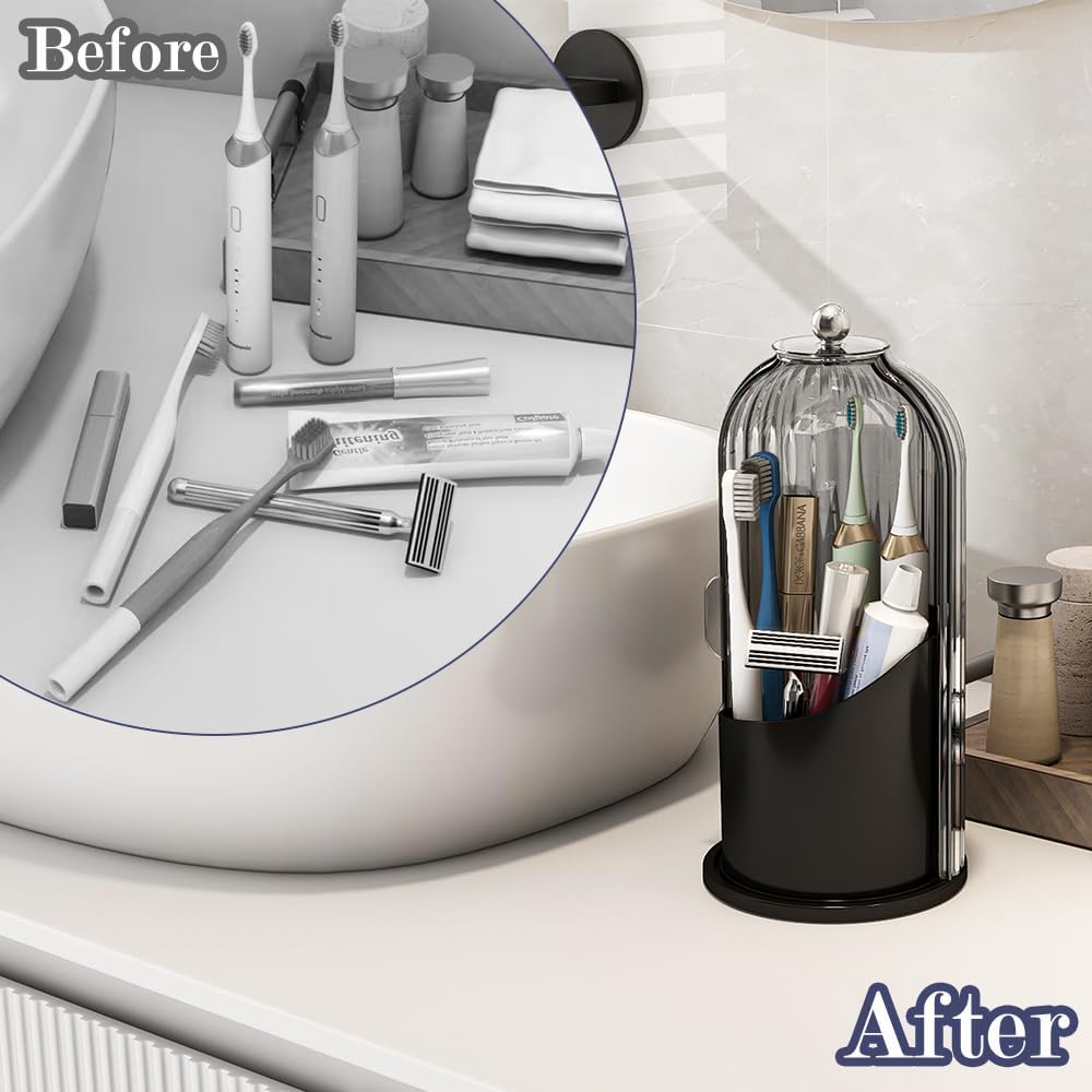 Toothbrush and Toothpaste Holders with Cover, Grey White | Waterproof and Dustproof, 360° Rotating Base, Smooth Sliding Door, 3 Slots, for Bathroom Countertop
