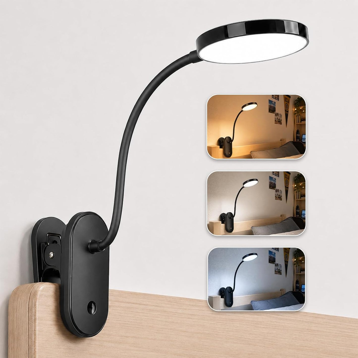 Clip on Light, Stepless Dimmable & 3 Colors Touch Control Clip On Bed Light. 2600mAh Rechargeable Reading Lights for Books in Bed, Headboard and Bedside Table Lamp, Reading Light For Dorm/Home
