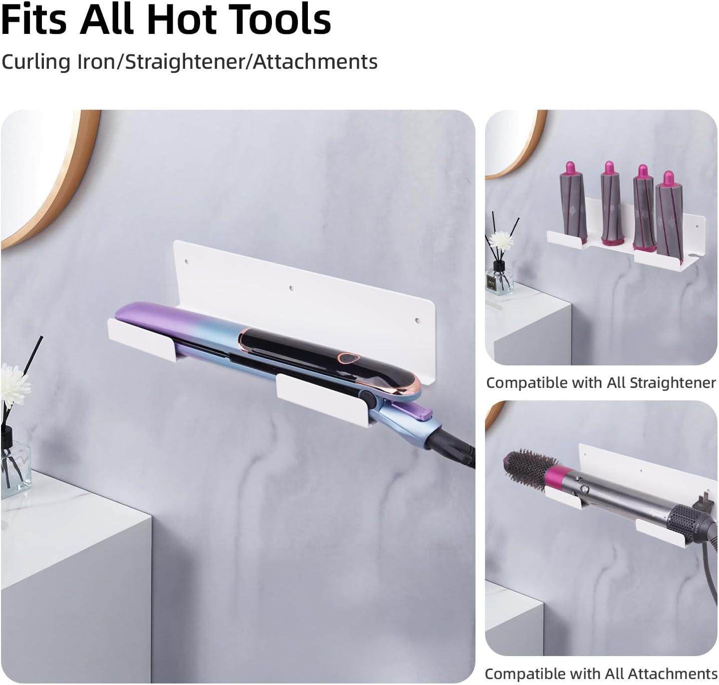 Hair Tool Organizer Wall Mount, Stainless Steel Hair Tool Holder with 2 Heat-Resistant Cups, Curling Iron Holder for Vanity, Hot Tools Organizer with PVC Ring,Hair Dryer Holder for Bathroom, BANJEKT