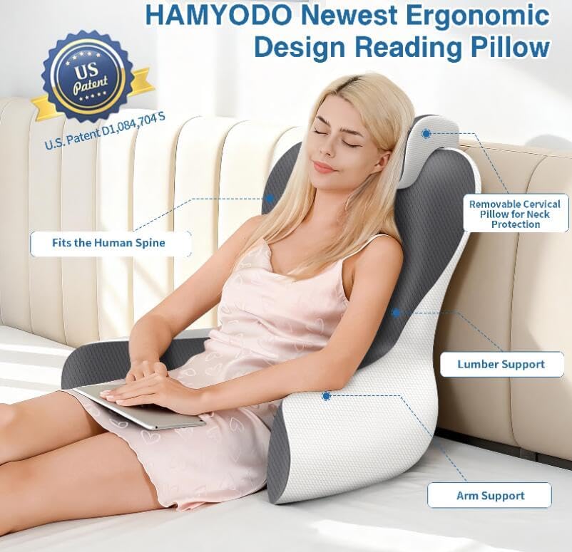 22" XL Reading Pillow Sitting in Bed,Back Support & Armrests(Grey & Blue)