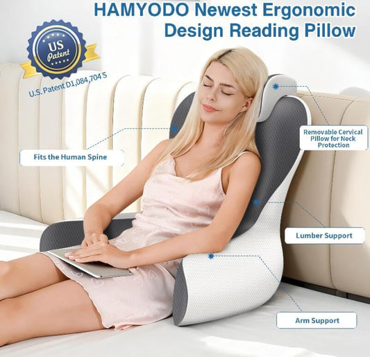 Reading Pillow for Sitting in Bed,22"H Back Support Pillow for Sitting up,Back Rest & Lumbar Support Pillows with Arms, Bed Rest Chair Cushion,Chaise Lounges Reclining,Gaming,Work,Resting,(Grey&White)