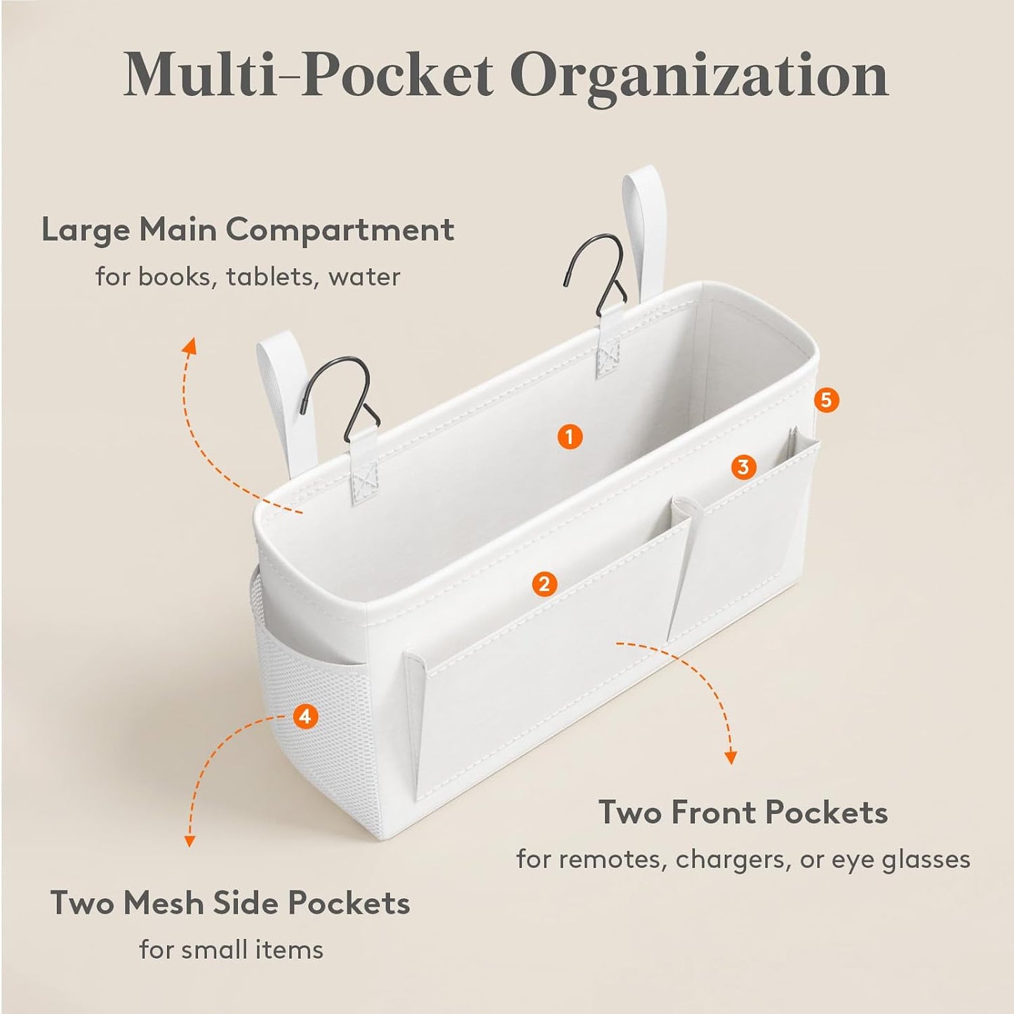 Lifewit Bedside Caddy Storage Organizer, Hanging Storage Bag with Fixed Straps, Book Remotes Holder for Home, College, Dorm, Bunk, Hospital, Crib Bed Rails, White