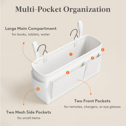 Lifewit Bedside Caddy Storage Organizer, Hanging Storage Bag with Fixed Straps, Book Remotes Holder for Home, College, Dorm, Bunk, Hospital, Crib Bed Rails, White
