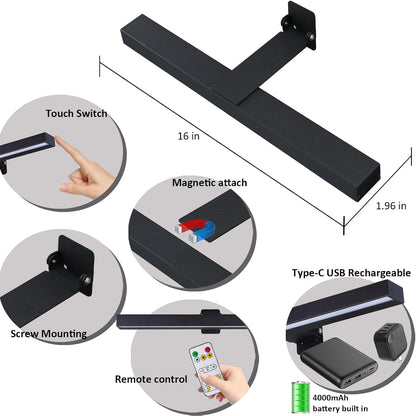 MIOBLUE Rechargeable Picture Lights with Remote,Full Metal Painting Light Display LED Battery Lamp with 3 Lighting Modes, Dimmable Dartboard Light with Timer for Frame Portrait Art