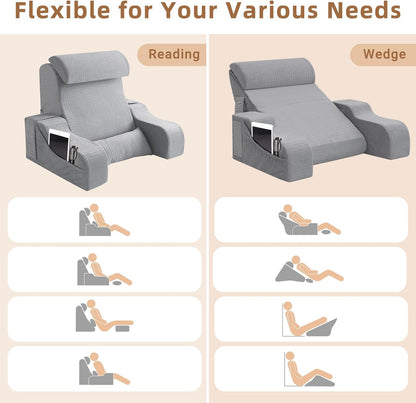 Foldable Reading Pillow for Sitting in Bed Adult, White/Grey, 19"
