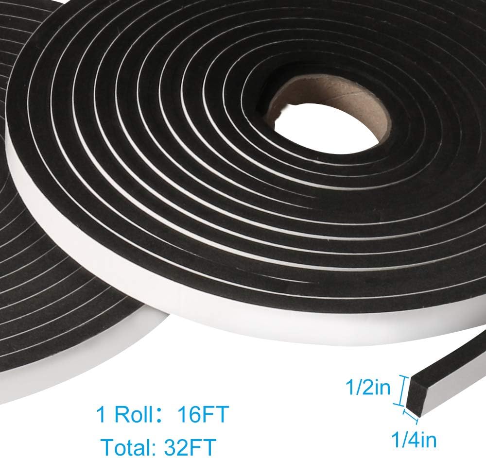 2 Rolls Foam Seal Tape for Door Window Insulation, Soundproof and Shockproof Foam Adhensive Strip, 3/8" Wx3/16 T Single Sided Foam Tape, Cold Air and Draft Closed Cell Seal Strip,Total 32FT