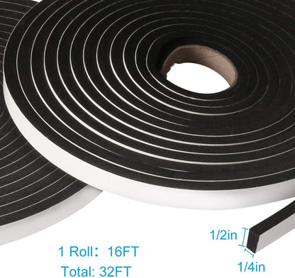 2 Rolls Foam Seal Tape for Door Window Insulation, Soundproof and Shockproof Foam Adhensive Strip, 3/8" Wx3/16 T Single Sided Foam Tape, Cold Air and Draft Closed Cell Seal Strip,Total 32FT