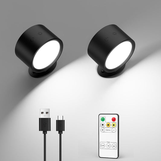 LED Wall Mounted Lights 2 Pcs with Remote, Rechargeable Wall Sconce with 3 Color Temps & Dimmable Magnetic 360° Rotation Cordless Light for Bedroom Reading Bedside